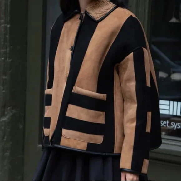 CawleyStriped Shearling Avis Jacket in Black & Tan
